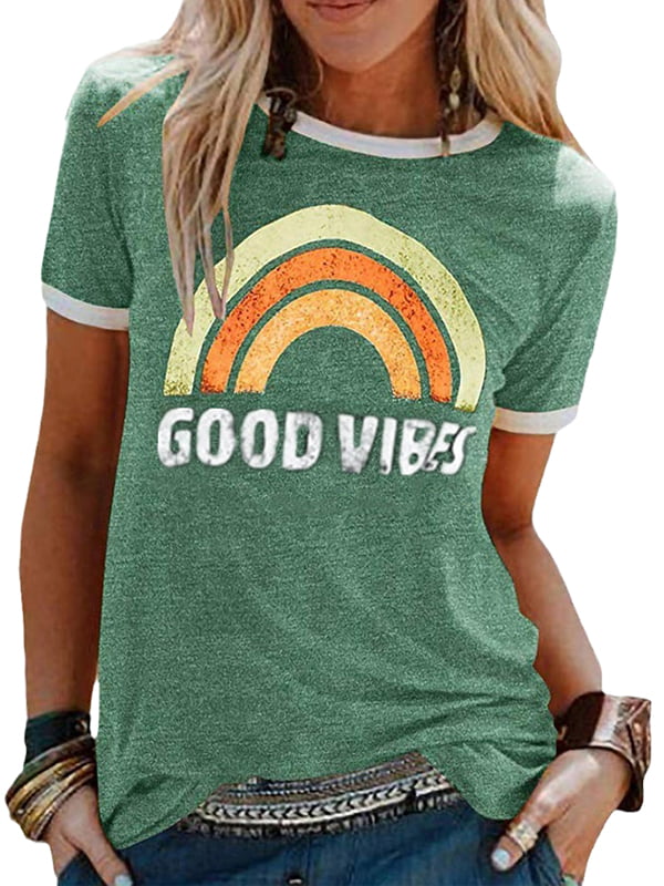Good Vibes T Shirt for Women Rainbow Print Graphic Tees Short Sleeve Summer Casual Top Shirts