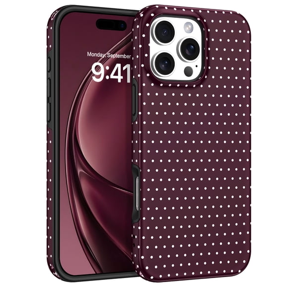 DUEDUE Cute Polka Dot Dual-Layer Shockproof Case for iPhone 16 Pro Max, Retro Aesthetic Slim Protective Cover, Burgundy