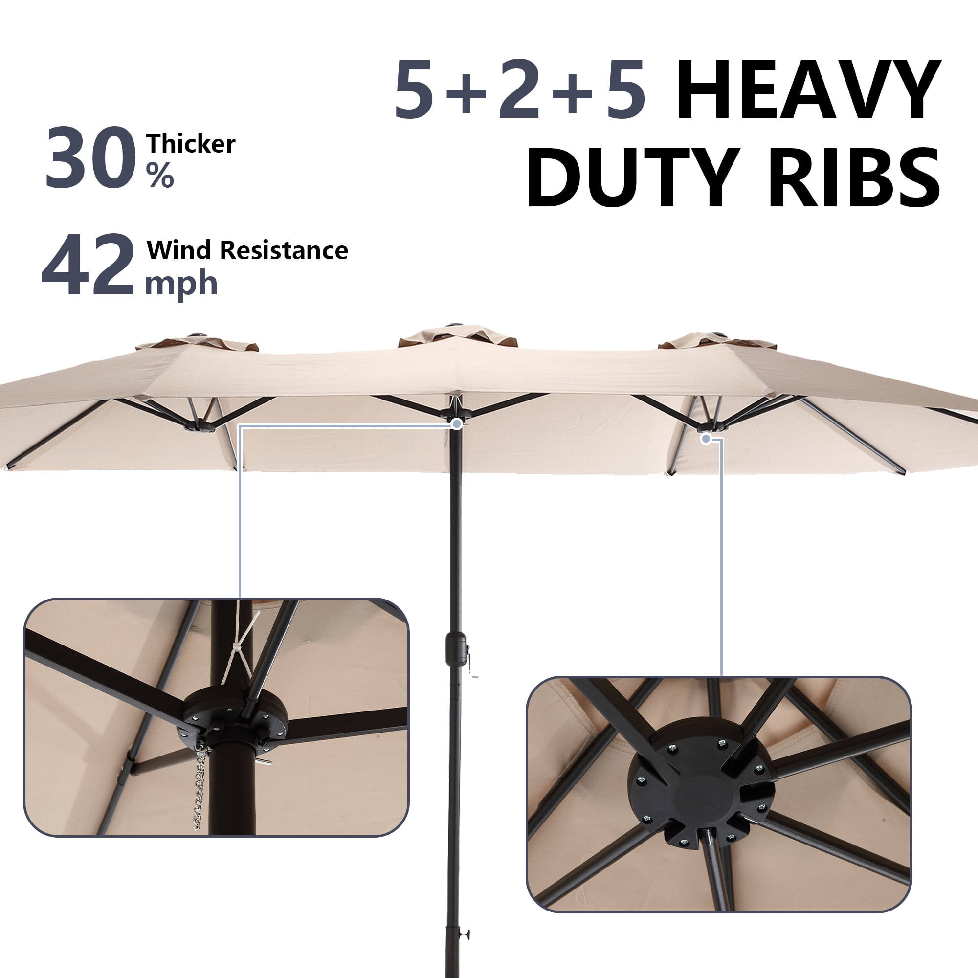 15x9ft Double-Sided Patio Umbrella, Outdoor Market Umbrella, Large Sunbrella Table Umbrellas with Crank Air Vents for Deck Pool Patio,Khaki