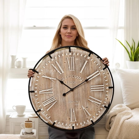 30 Inch Extra Large Wall Clock - Farmhouse Rustic Wood & Metal Design Silent Non-ticking Operated Decorative Oversized For Living Room Kitchen Office Bedroom