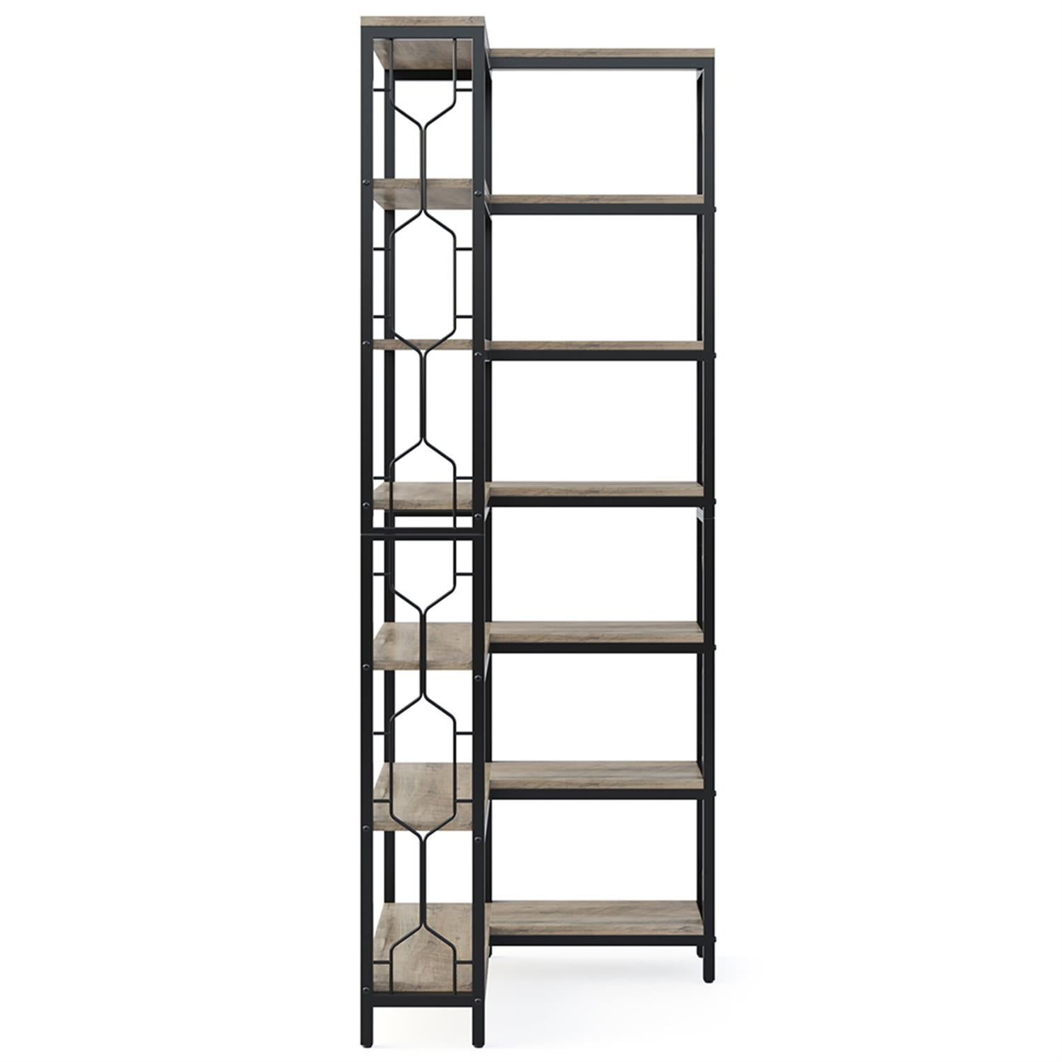Demi Bonn 7 Tier Corner Bookshelf, Wood and Metal Bookcase Storage Organizer,dustrial Display Standing Shelf Unit for Bedroom, Living Room, Gray