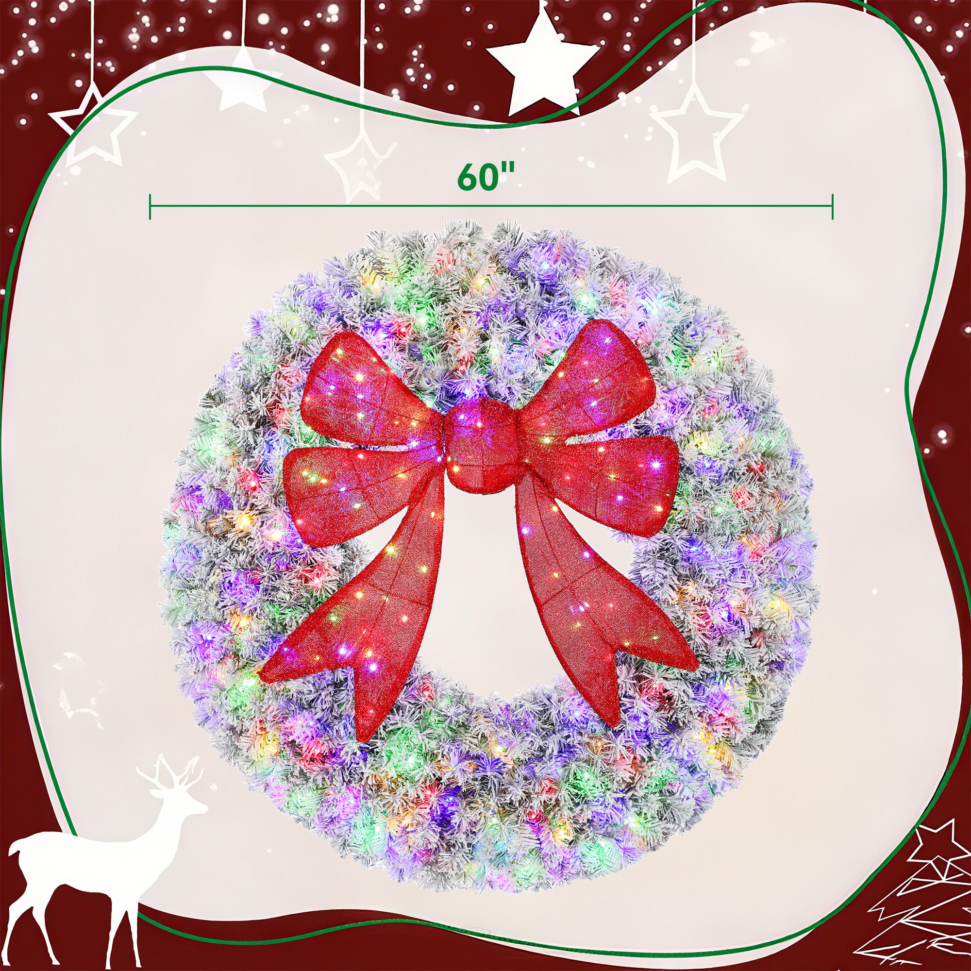 Pre-Lit Flocked Christmas Wreath with 3D Bow, 60 in, 300 LED Lights, 11 Modes, Remote, Indoor Outdoor Front Door Decor
