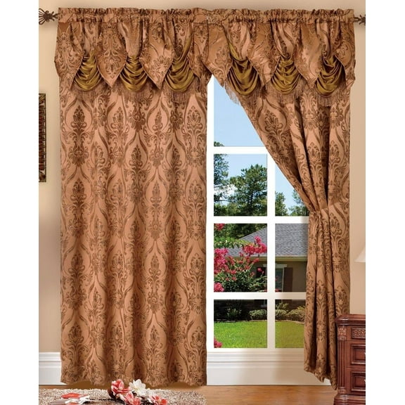Elegant Comfort Beautiful Design Jacquard Look Curtain Panels 55" X 84" 18 with Attached Austrian Valance, Brown