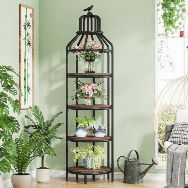 4-Tier Birdcage-Shaped Corner Bookshelf, Vintage Wood Grain & Black Metal Frame, 25lbs/Shelf, Multi-Functional for Living Room/Bedroom/Balcony