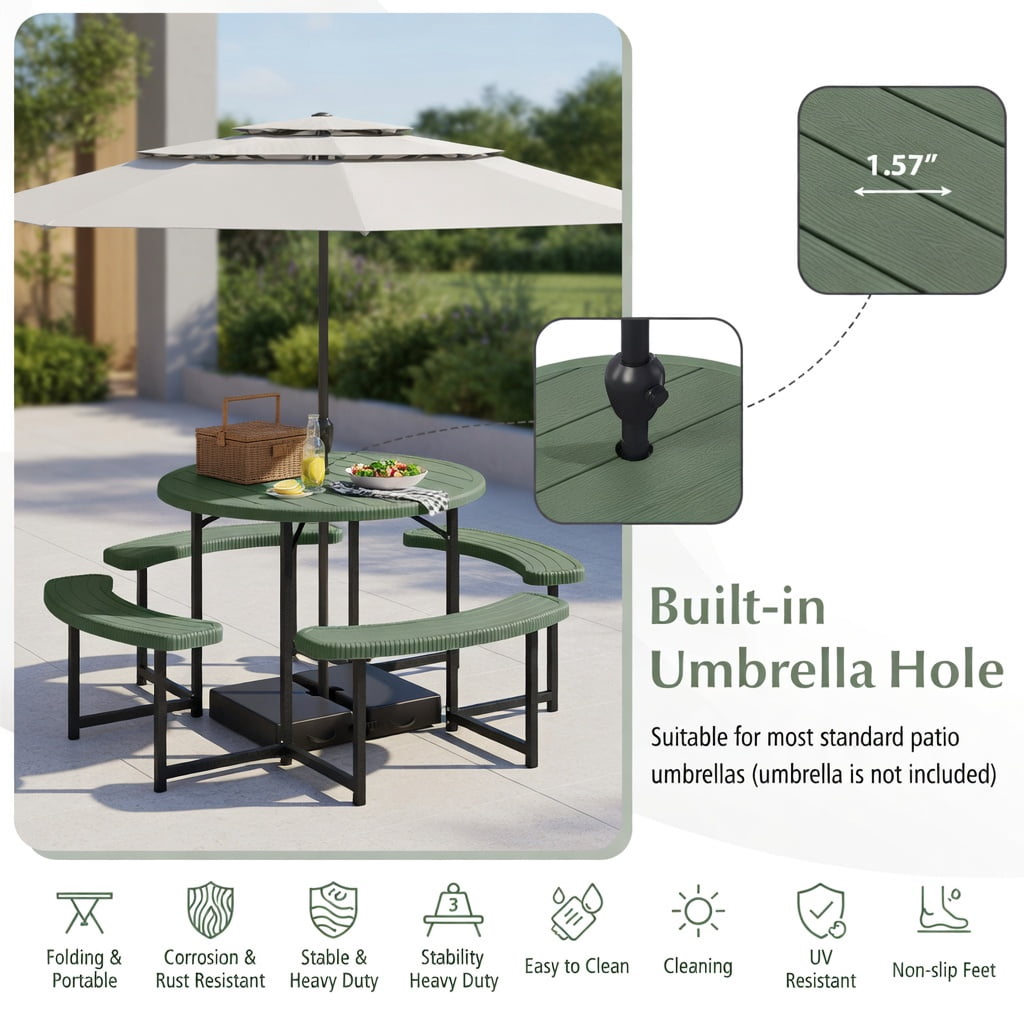Hommoo Round Outdoor Picnic Table Set with 4 Benches, Umbrella Hole, Heavy-Duty Metal Frame & HDPE Top, White
