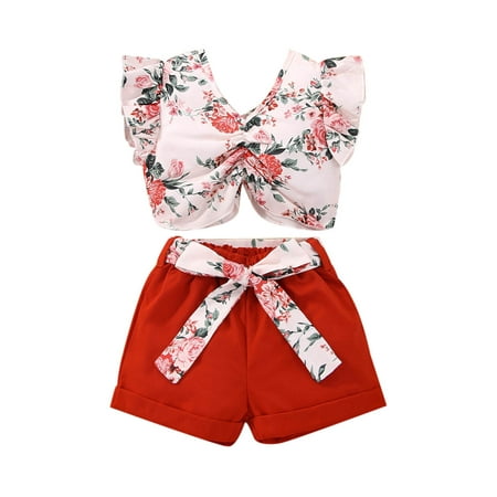 

Fesfesfes Toddler Baby Girls Fashion Cute Flowers Print Pleated Flying Sleeves Top Belt Shorts Suit