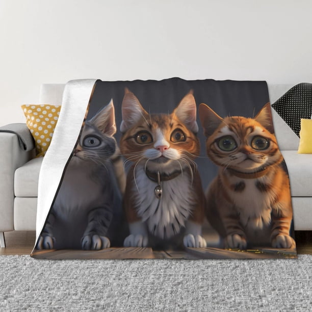Balery Wide Eyed Cartoon Cats Manta de Franela con Dibujo, Lujo Ultra Suave y Cálido, Antipelusa y Resistente a las Arrugas para Cama, Sofá, Camping -60"x50"