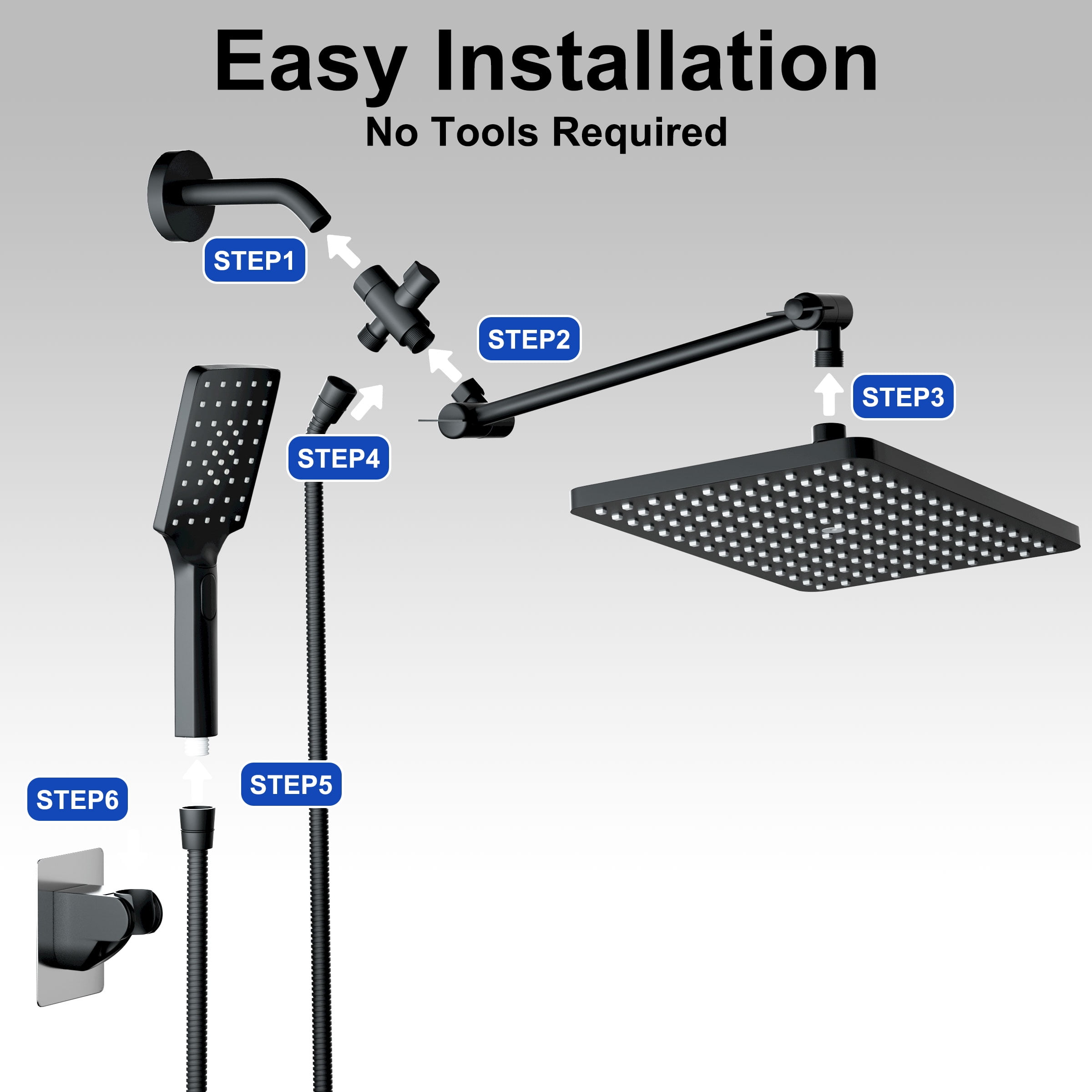 DTIG Shower Head Set High Pressure Rainfall Rain Shower Head 3-Setting Handheld with Hose Black