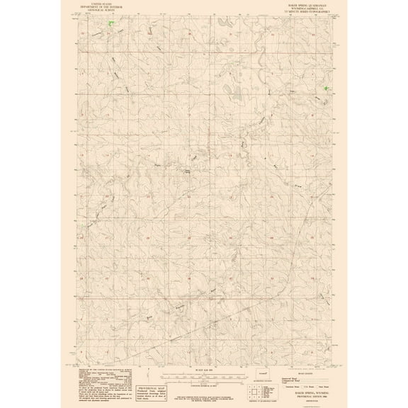 Topographical Map - Baker Spring Wyoming Quad - USGS 1984 - 23 x 32.74 - Vintage Wall Art