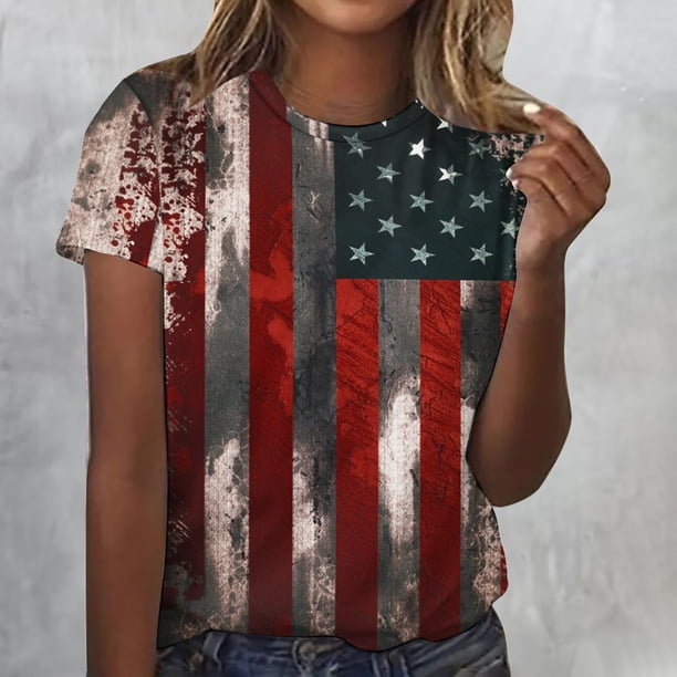 Fiudx Ropa de Mujer Blusa de Manga Corta con Estampado Del Día de La Independencia para Mujer, Blusa con Cuello Redondo