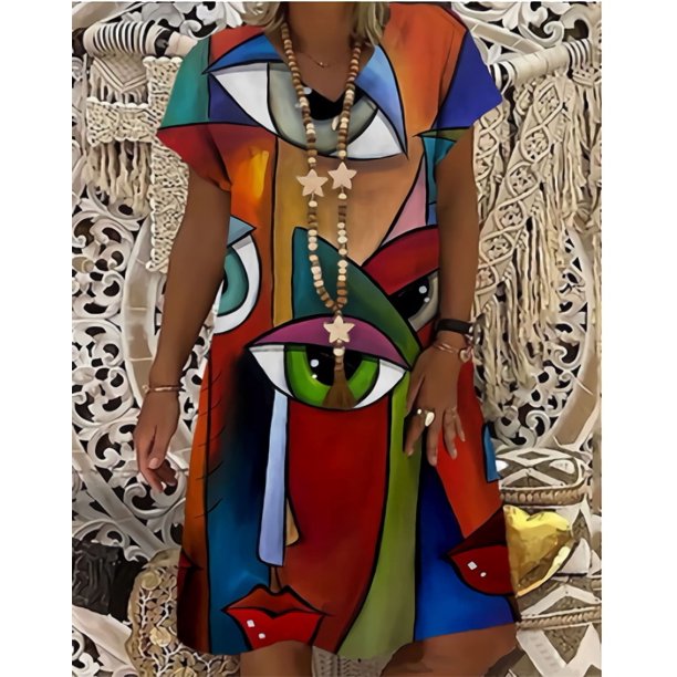 New Women Sundress Creative Lovely Cat 3D Print Ladies Summer Loose Beach Dress Casual Short Sleeve V-neck A-line Dress VestidosS Gao Jinjia LED