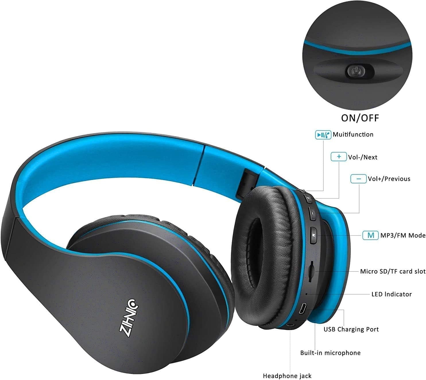 ZIHNIC Bluetooth Headphones, Foldable Wireless and Wired Stereo Headset Micro SD/TF, FM for Cell Phone,PC,Soft Earmuffs &Light Weight for Prolonged Wearing (Black/Blue)