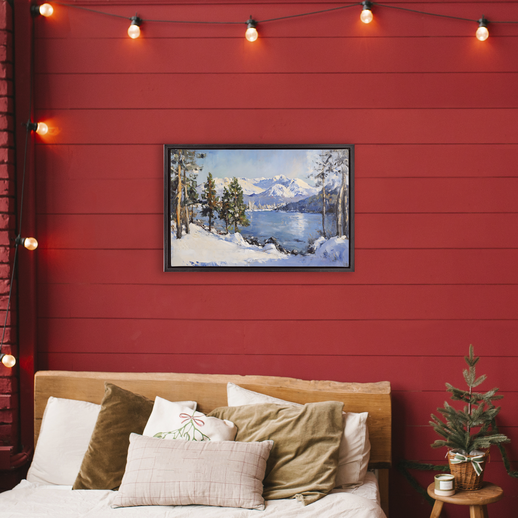 Winter Mountain Lake Black Framed Floater Canvas Wall Art, design by Petal Prints Design