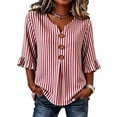 thumbnail image 2 of Hfnxid Women 3/4 Sleeve Shirts Loose Fit Ruffle Shirt Striped Button V Neck Blouses Solid Color Fall Clothes Red XXL, 2 of 6