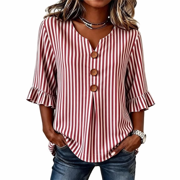 CLOISE 3/4 Sleeve Blouses for Women Ruffle Sleeve T Shirts Ornamental Button Striped V Neck Pullover Trendy Fall Tops Red S
