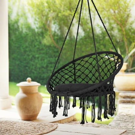 Black Hammock Chair, Hanging Swing with 1 Cushion, Max 330 Lbs, Hanging Chair Cotton Rope Hammock Chair Swing for Yard and Indoor