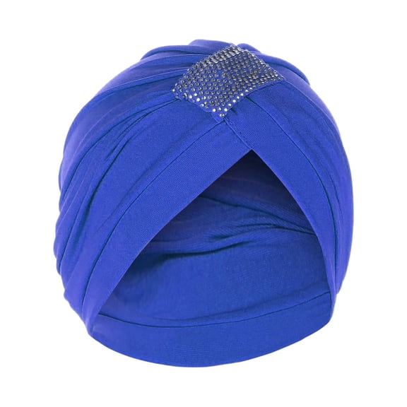 Odeerbi Headwrap for Women Solid Rhinestone India Muslim Ruffle Chemo Hat Headband Turbans Beanie Cap Blue