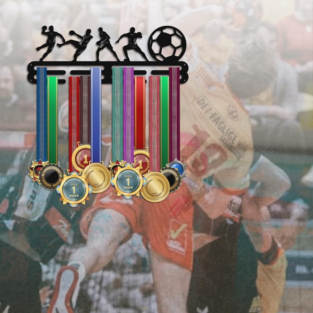 PH Soccer Medal Hanger Display Medal Holder Rack Wall Mount Hanger Decor Trophy Shelf Tiered Award Rack Award Ribbon Hanger with Gift Box for Over 50 Medals Easy to Install Black DIY