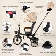 JoyStone 7 in 1 Foldable Tricycle Stroller for Toddler, Baby Tricycle with Adjustable Canopy, Parent Handle, Removable Pedals, Seat Belt and Storage Basket, Kids Bike for Ages 1-6 Boys & Girls, Khaki