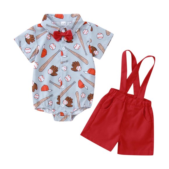 Xuewenshw Garçons Filles Jour de l'Indépendance Manches Courtes Imprimés Baseball Barboteuse Bodys Bretelles Shorts Tenues Gentleman Mutual Baby Stuff