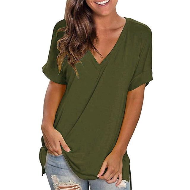 Gibobby Camiseta de manga corta para mujer Camiseta suelta informal con cuello en V para mujer, blusa manga corta con estampado(Verdemilitary,G)