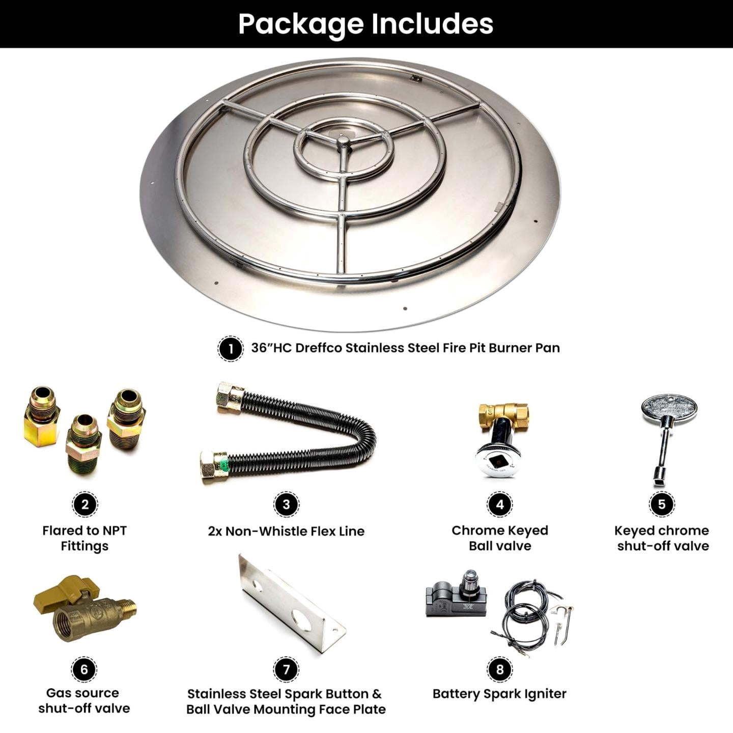Dreffco Stainless Steel Fire Pit Burner Pan & Ring Deluxe Kit for Natural Gas, 36-Inch Pan, 30-Inch Ring, 250,000 BTU Max