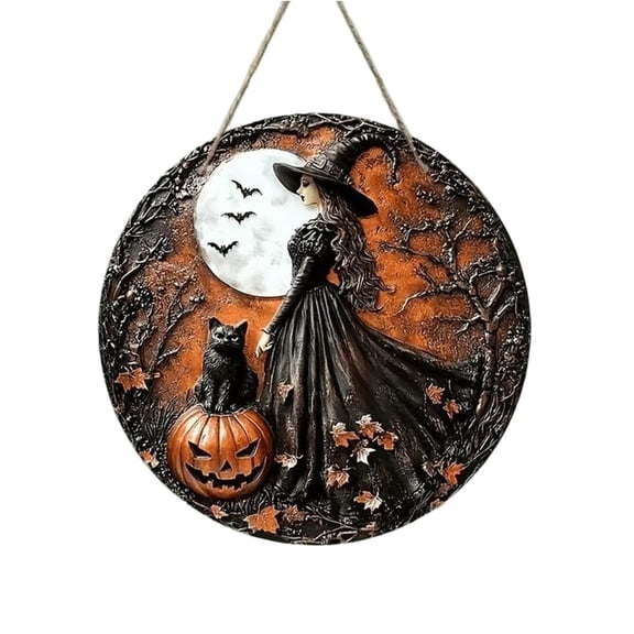 2D Halloween Witch Door Hanging Sign – Indoor and Outdoor Porch Decor with Witch, Cat, and Pumpkin Design