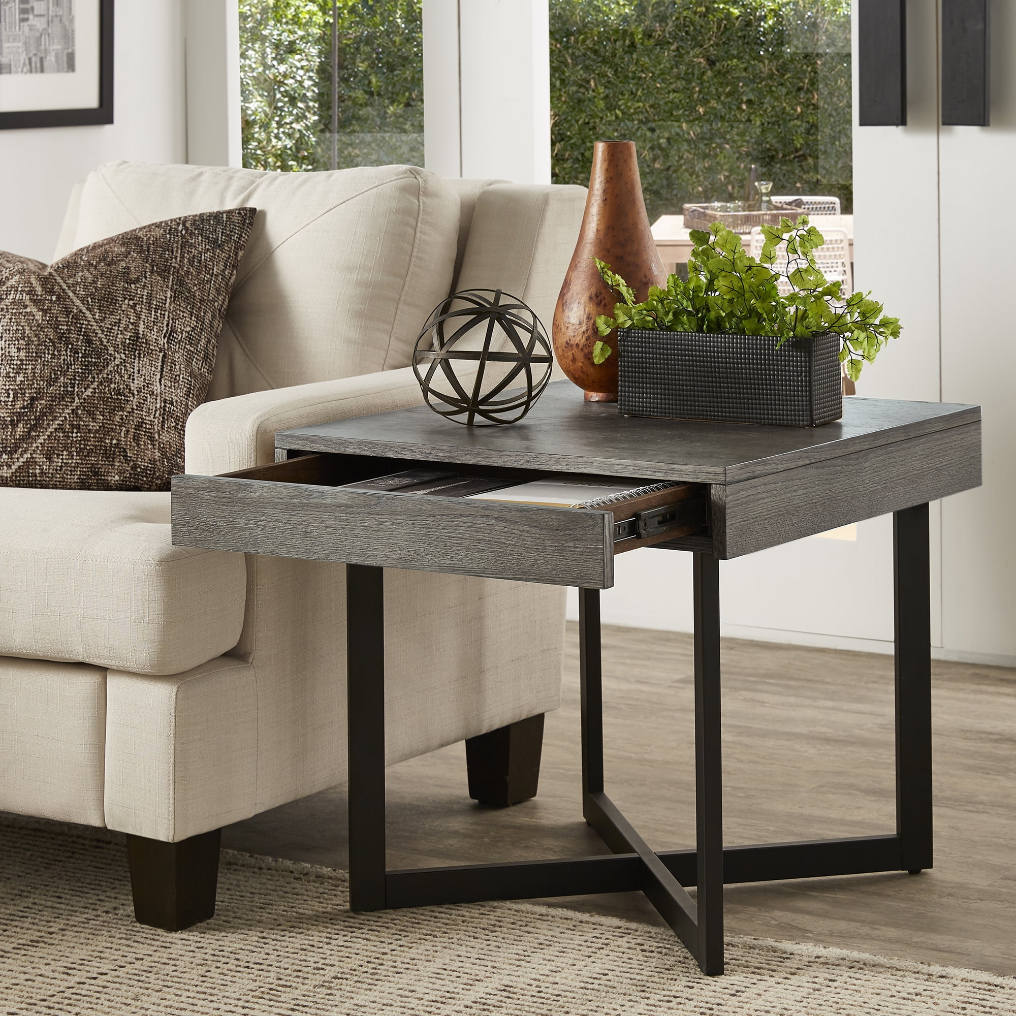 Weston Home Nadian Wood and Black Metal One Drawer End Table, Gray