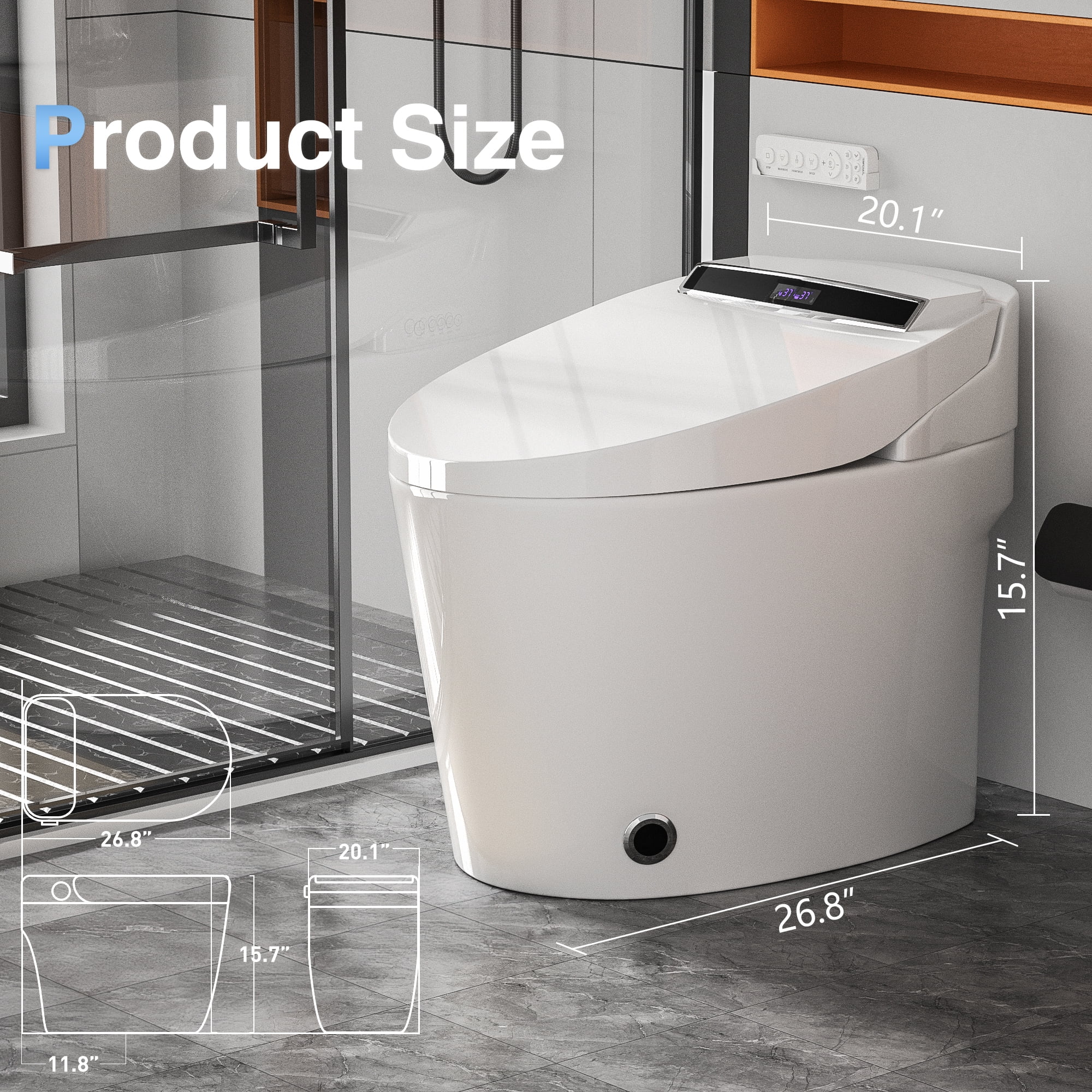 Tankless Smart Bidet Toilet for Bathrooms, Heated Seat with Nightlight, Foot Sensor, LED Display, Warm Water and Dry, Remote Control