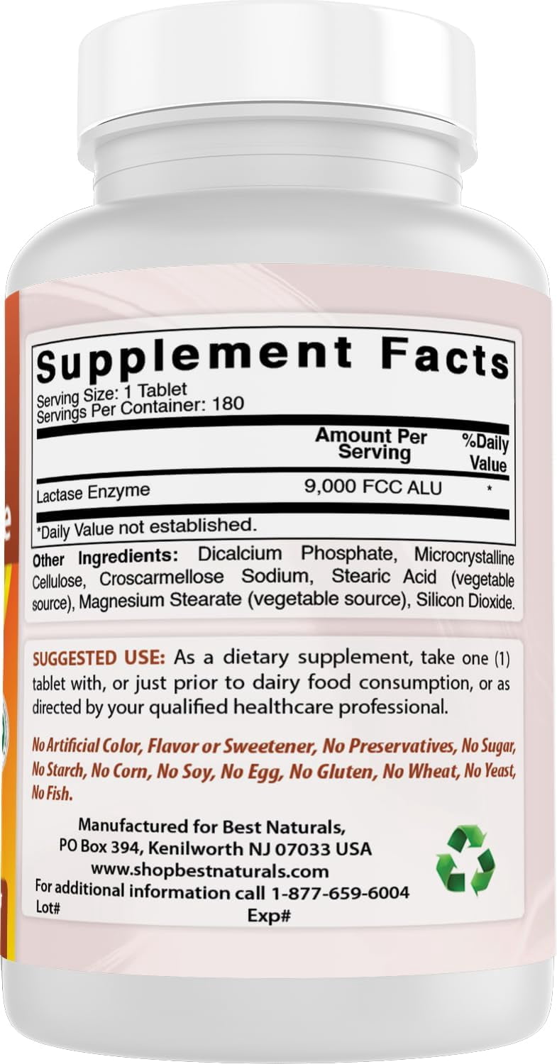 (2 pack) Best Naturals Lactase Enzyme 9000 FCC ALU  180 Tablets, Fast Acting Relief
