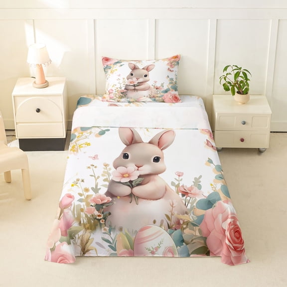 Erosebridal Kawaii Bunny Rabbit Twin Sheet Sets,Rustic Flowers Pink Easter Eggs Bedding For Kids 3-Piece