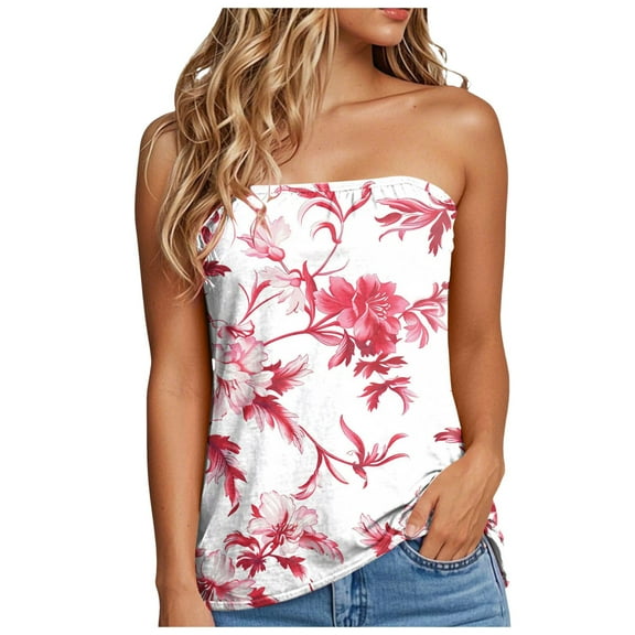 TTUHYWXI Womens Fashion 2025 Summer Floral Mesh Tube Top Ruched Going Out Bandeau Sleeveless Strapless Crop Tops Y2k Clothes (Pink, L)