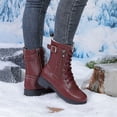 thumbnail image 5 of Lace up Winter Motorcycle Boots for Women Furry Lined Low Heel Side Zipper Mid Calf Combat Boots Waterproof Warm Snow Booties Wine Size 6.5, 5 of 8