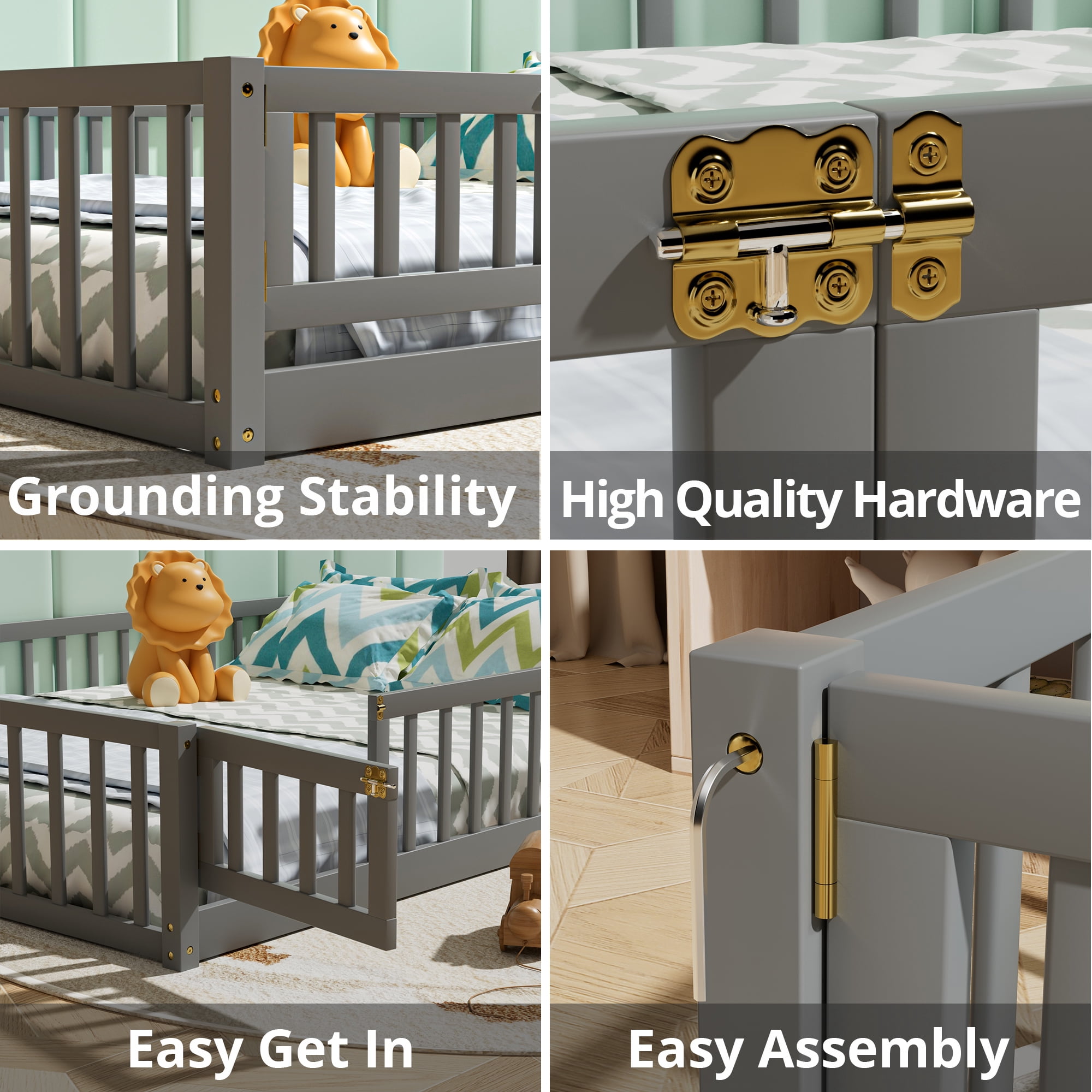 Full Floor Bed Frame for Toddler, Montessori Floor Bed with Fence and Wood Slats, Low Wood Platform Beds for Girls Boys Kids Happy Time, Gray