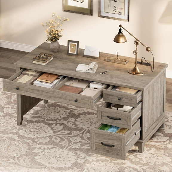 Garvee 53.5" Farmhouse Office Desk with Charging Station - Wooden Executive Computer Desk with File Drawer & USB Ports - Large Home Office Workspace-Gray