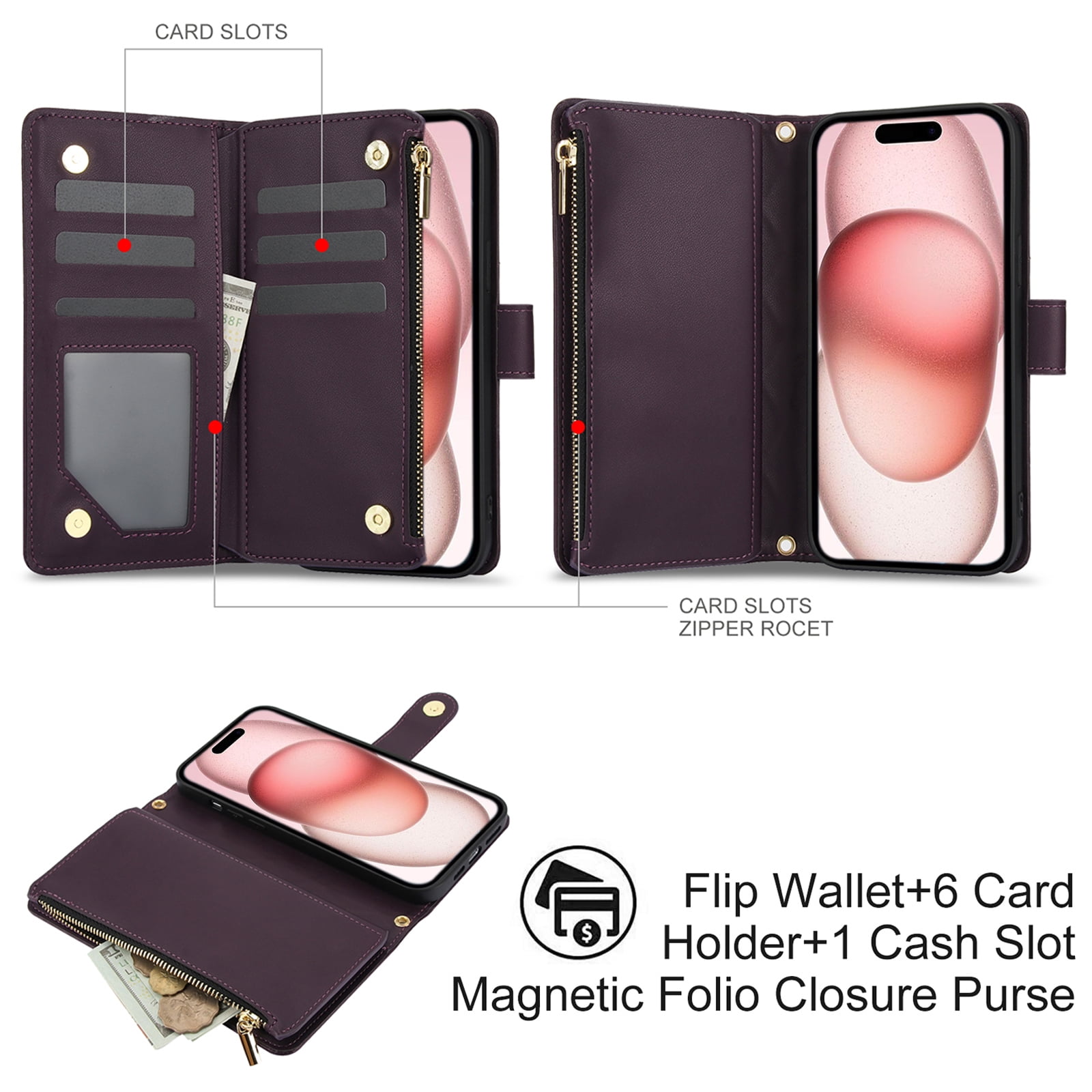 Phone Case for Apple iPhone 14 Plus, Premium iPhone 14 Plus Case with Wallet, Card Holder, Coin Zipper Pocket Shockproof Flip Cover Stand with Wrist Strap & Detachable Shoulder Strap,Darkpurple