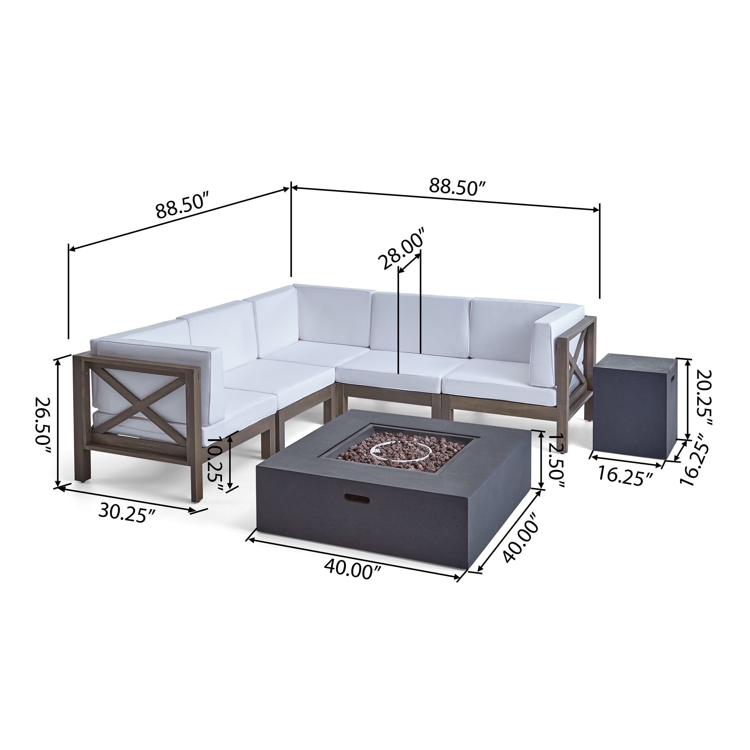 Elisha Outdoor 7 Piece Acacia Wood Sectional Sofa Set with Cushions and Fire Pit, Gray, White, Dark Gray