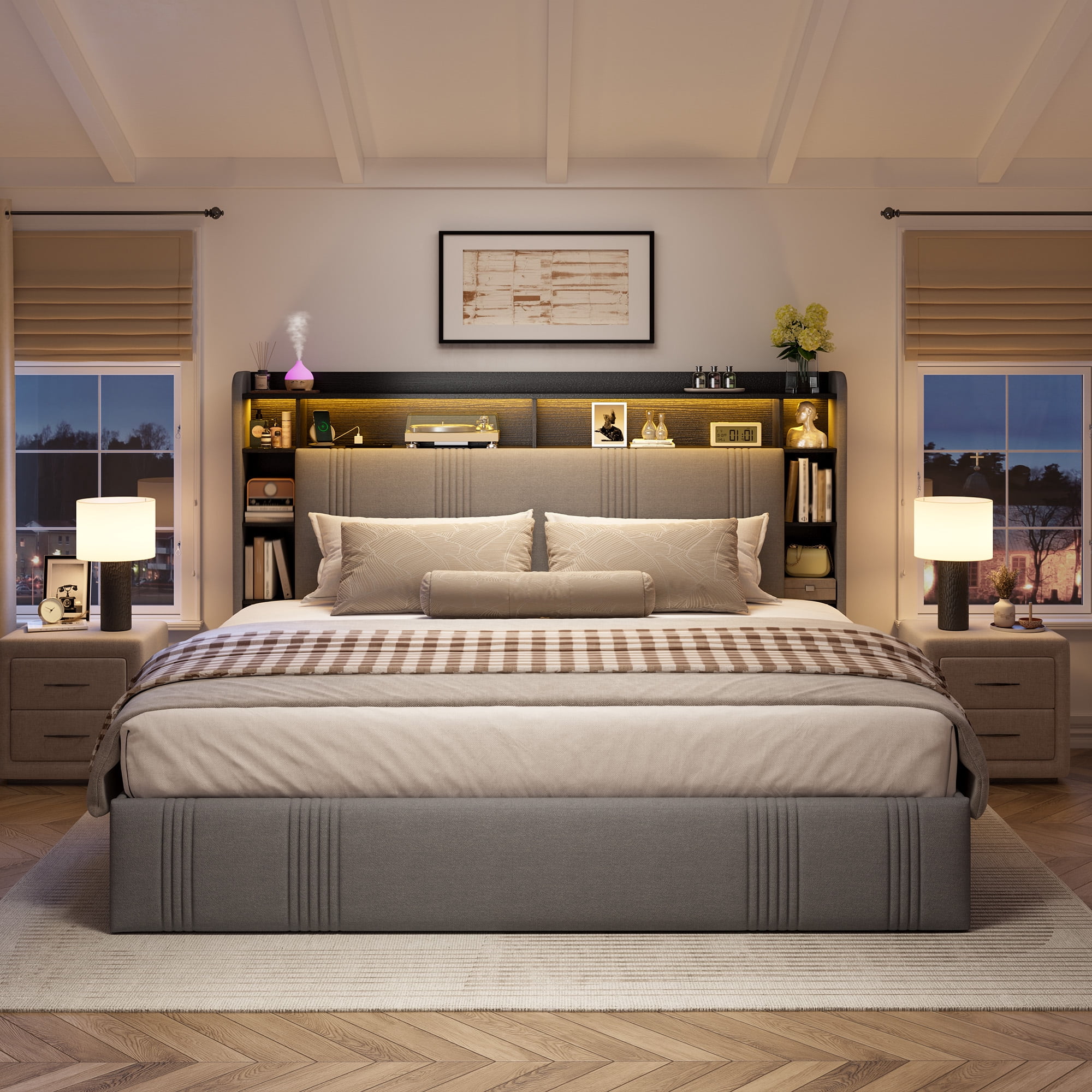 EnHomee King Size Bed Frame with 4 Drawers & 3-Tier Storage Shelf Upholstered Bed Frame King with Headboard & LED Lights & Charge Station,Gray