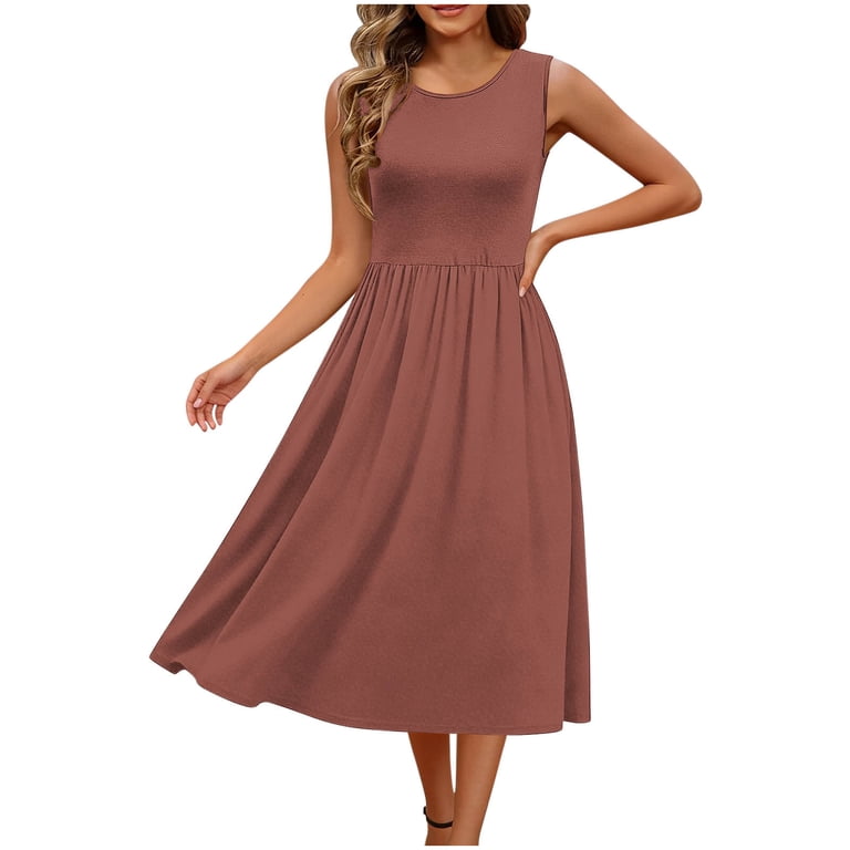 empire line jersey dress Eawtki Women's Crew Neck Sleeveless Midi Gathered Waist Full Flared A Skirt Loose Fit Soft Casual Everyday Swing Dress model:nahunne