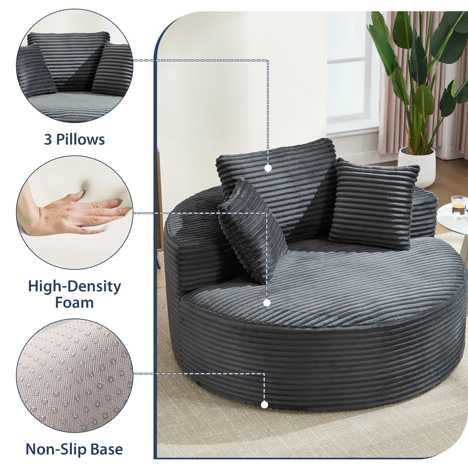Aukfa Oversized Round Chaise Longue Chair Indoor, 56-inch Upholstered Corduroy Deep Seat Circle Cloud Sofa Chair, Dark Gray
