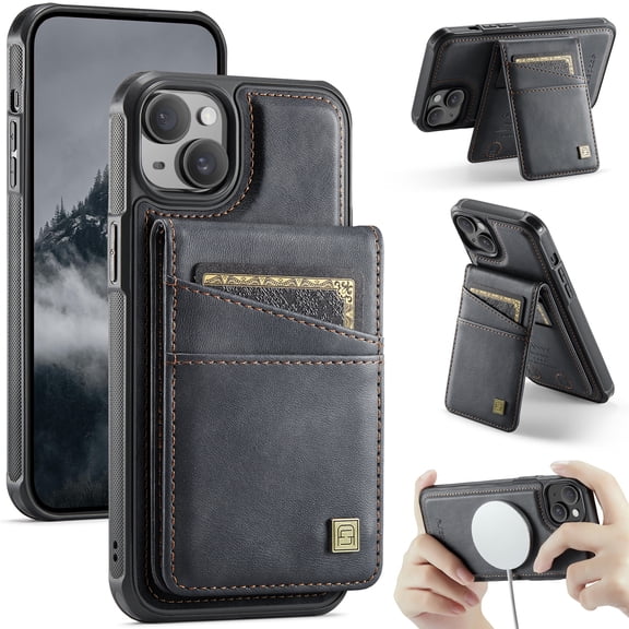 Allytechgroup 2 In 1 Wallet Case for iPhone 15, PU Leather Magnetic Case with Detachable Cards Holder Support Wireless Charging Full Body Protector Cover for iPhone 15, Black