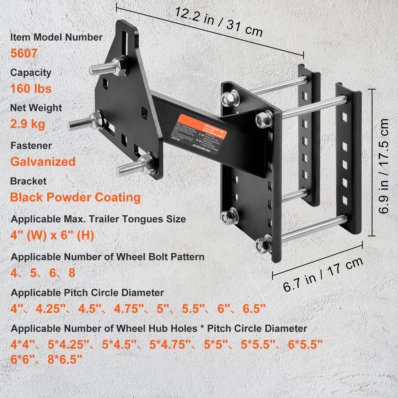SKYSHALO Tire Bracket Mount Carrier for 4,5,6 & 8 Hub Hole Trailer Spare Tire Carrier