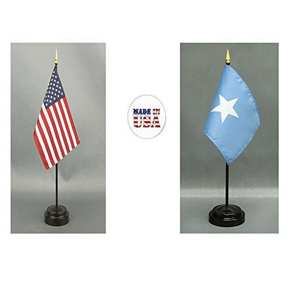 Made in The USA. 1 American and 1 Somalia Rayon 4"x6" Miniature Office Desk & Little Hand Waving Table Flag, Includes 2 Flag Stands & 2 Small 4"x6" Mini Stick Flags