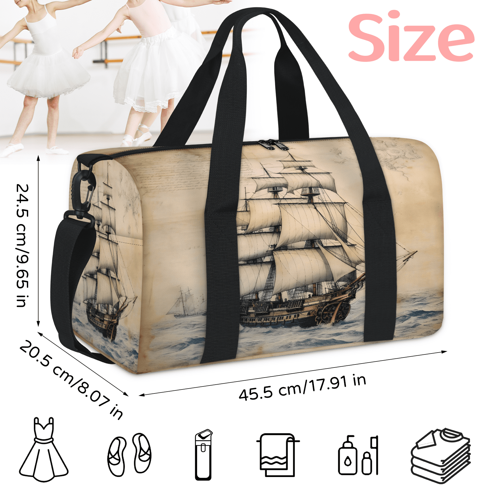 Herdesigns Nautical Ocean Pirate Ship Gym Bag for Women, Duffle Bag for Travel Sport, Lightweight Waterproof Carry on Weekender Overnight Dance Yoga Workout Bags