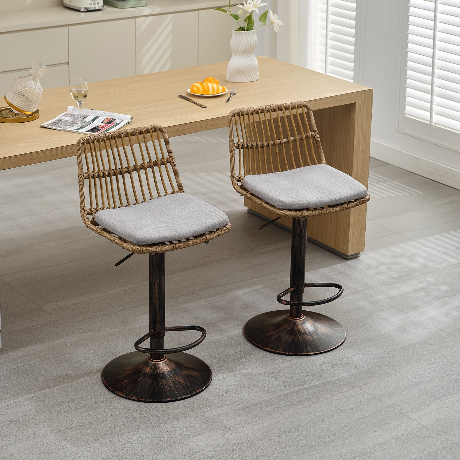 Demi Bonn 35" Counter Height Bar Stools Set of 2, Rattan Swivel Barstools with Back, Kitchen Island Countertop Chairs for Dining Room, Gray