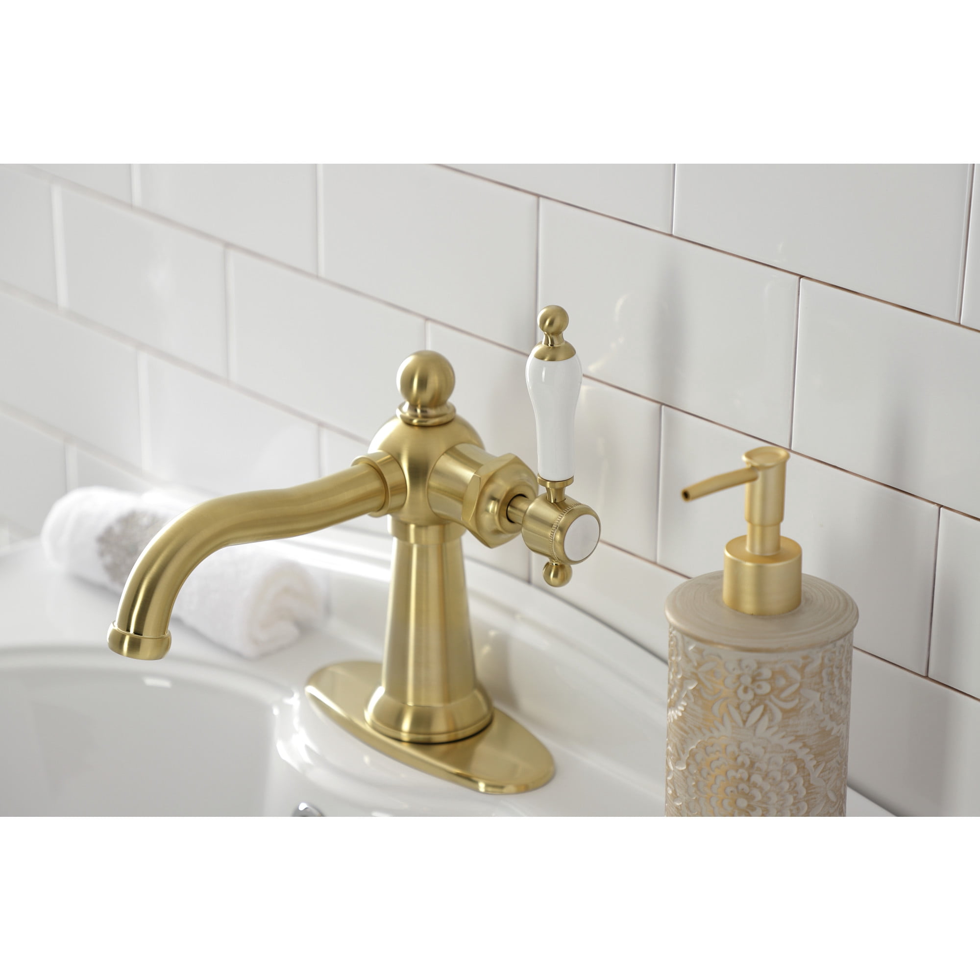 Kingston Brass KSD154KLBB Nautical One-Handle Single-Hole Bathroom Faucet with Deck Plate and Push Pop-Up Drain, Brushed Brass