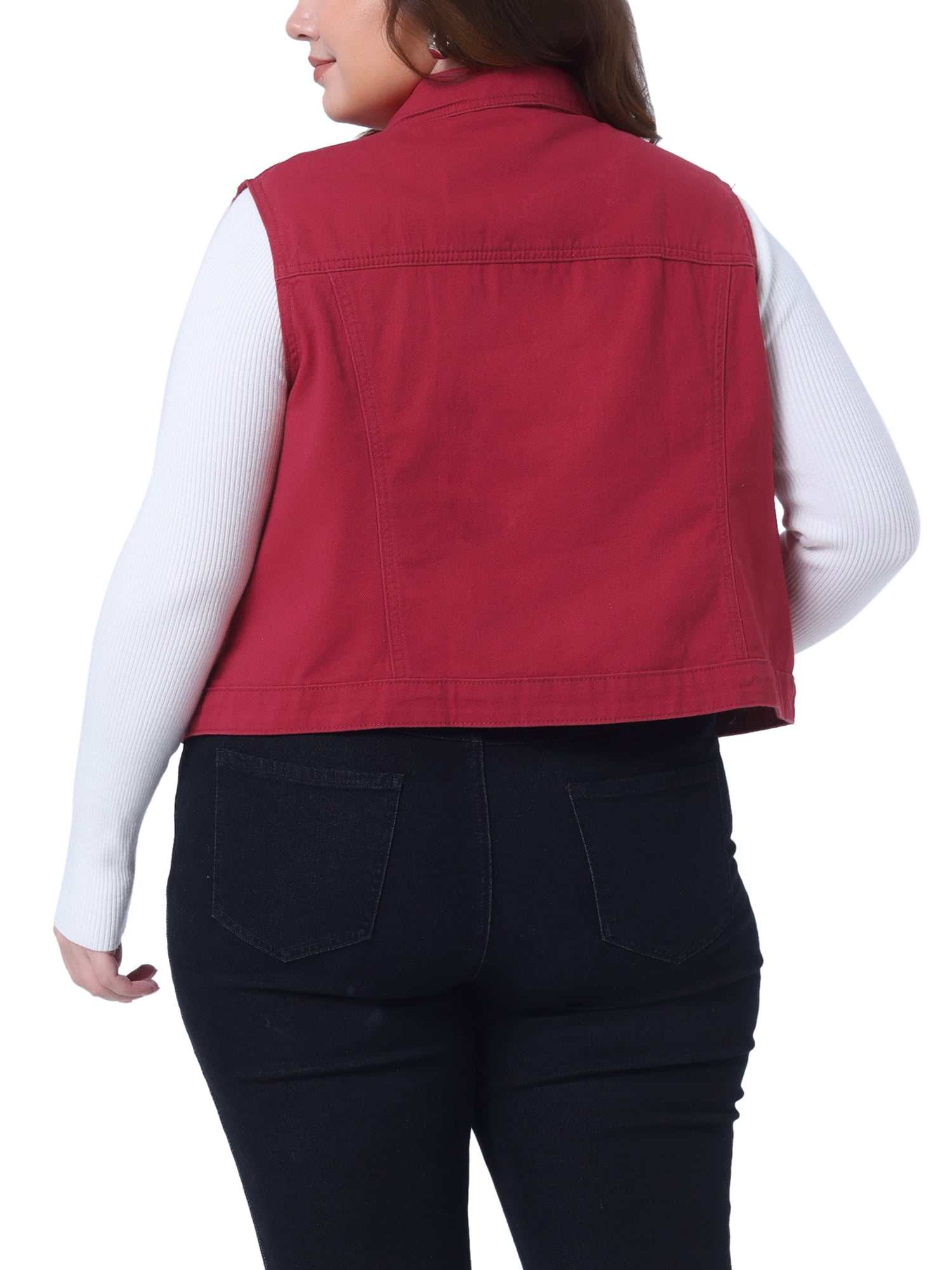 DARING DIVA Women's Plus Size Sleeveless Zip Up Button Down Jeans Vest 2X Burgundy