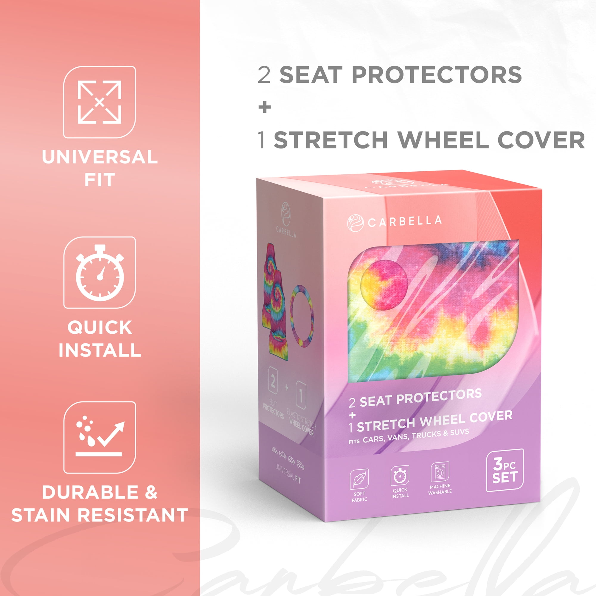 Carbella Rainbow Tie-Dye Universal Car Seat Covers Set, Seat Covers with Matching Steering Wheel