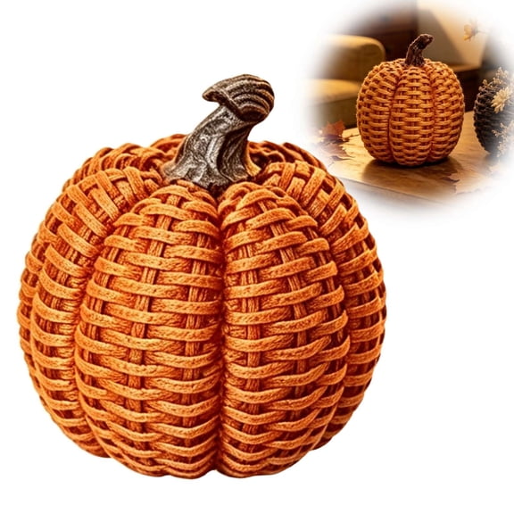 Artificial Pumpkins Fall Decor, 3.9" Resin Pumpkin Ornaments Set with Woven Texture, Faux Rattan Tabletop Pumpkin Centerpiece for Autumn Harvest Thanksgiving, Rustic Farmhouse Halloween Decor