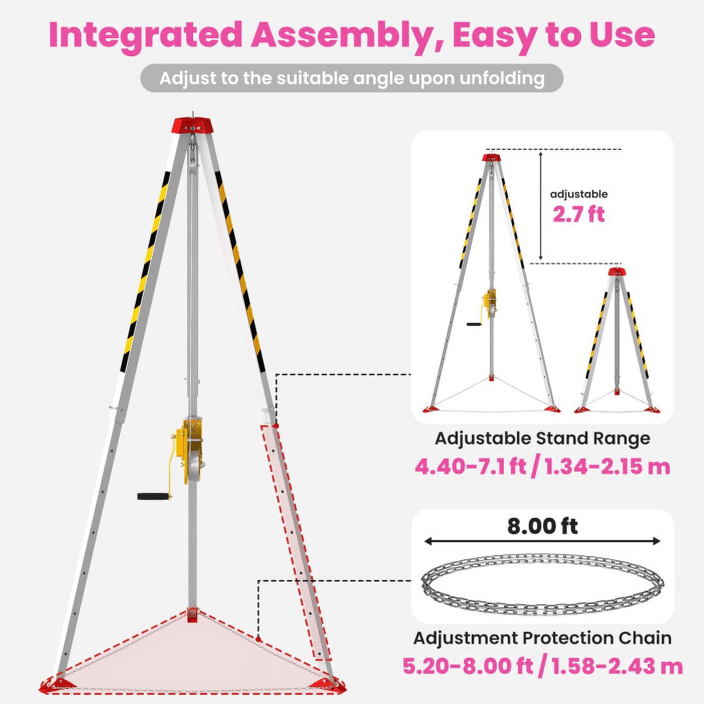 2600LBS Manhole Tripod, 33kg Portable, Quick Adjustment, Complete Kit, Tripod for Confined Spaces, Confined Space Tripod Kit, Shaft, Pipe, Industrial Environments